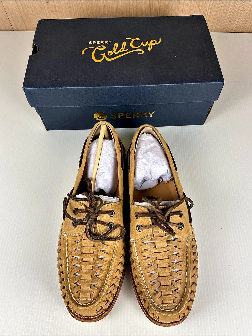 Sperry Gold Cup Woven Leather Boat Shoes Tan Men’s 10.5 NIB - Picture 6 of 16